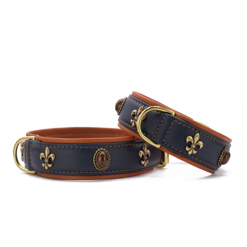 Hundehalsband Lord & Lady dunkelblau - cognac / gold